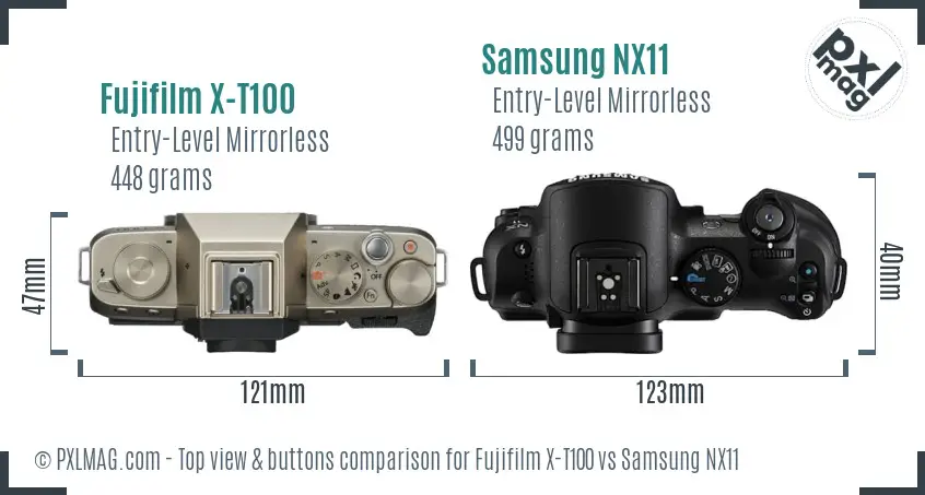 Fujifilm X-T100 vs Samsung NX11 top view buttons comparison