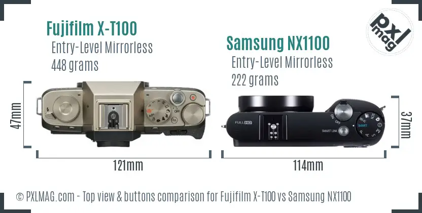 Fujifilm X-T100 vs Samsung NX1100 top view buttons comparison