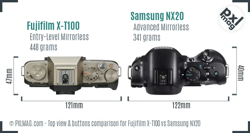 Fujifilm X-T100 vs Samsung NX20 top view buttons comparison
