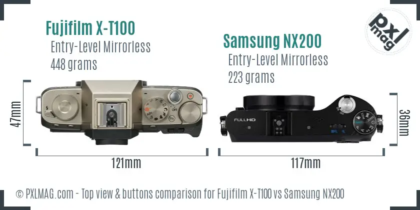 Fujifilm X-T100 vs Samsung NX200 top view buttons comparison