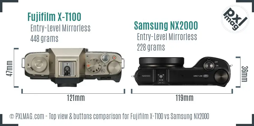 Fujifilm X-T100 vs Samsung NX2000 top view buttons comparison