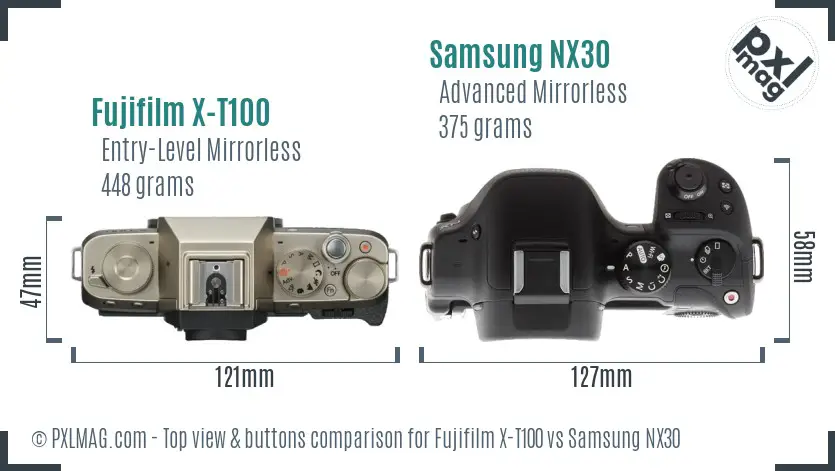 Fujifilm X-T100 vs Samsung NX30 top view buttons comparison Fujifilm X-T100 vs Samsung NX30 top view buttons comparison