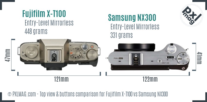 Fujifilm X-T100 vs Samsung NX300 top view buttons comparison