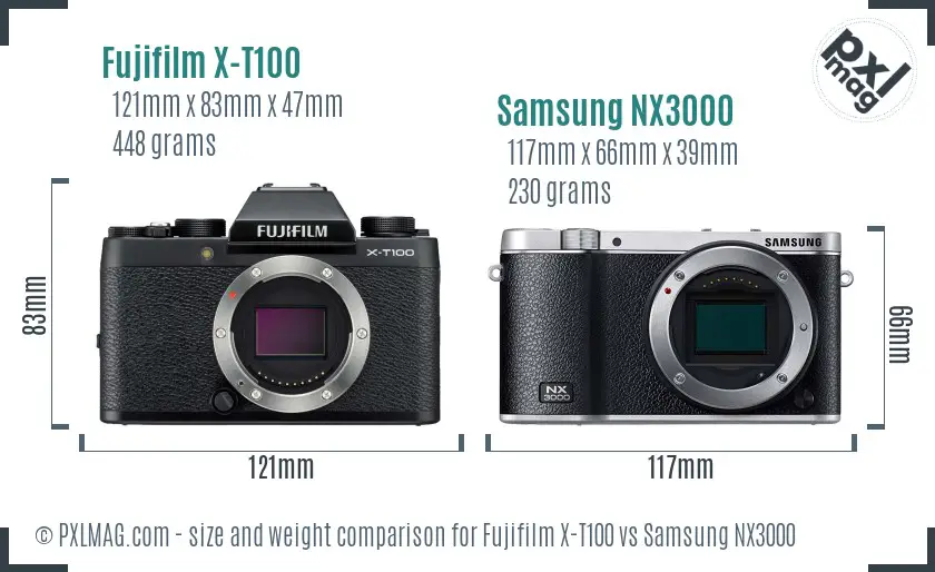 Fujifilm X-T100 vs Samsung NX3000 size comparison