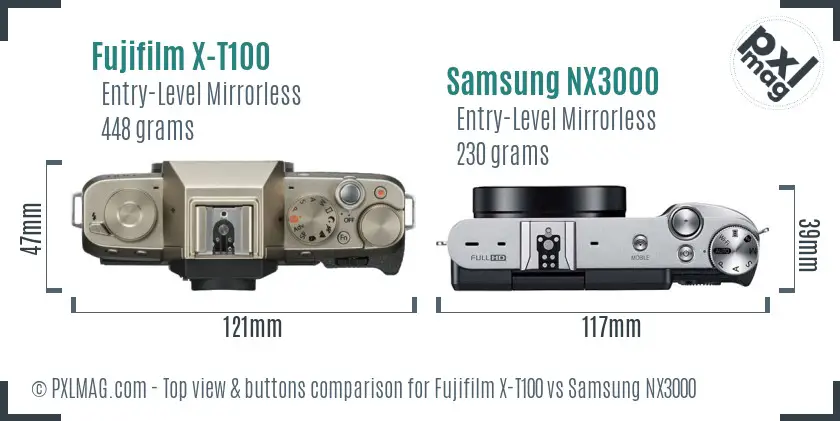 Fujifilm X-T100 vs Samsung NX3000 top view buttons comparison