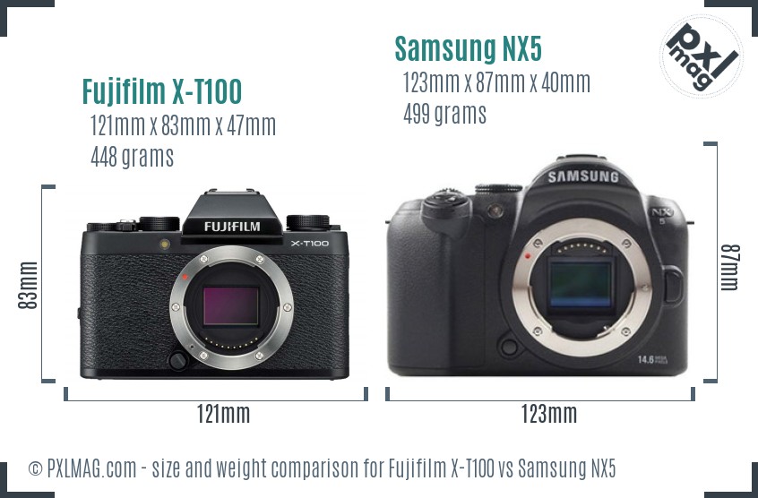 Fujifilm X-T100 vs Samsung NX5 size comparison