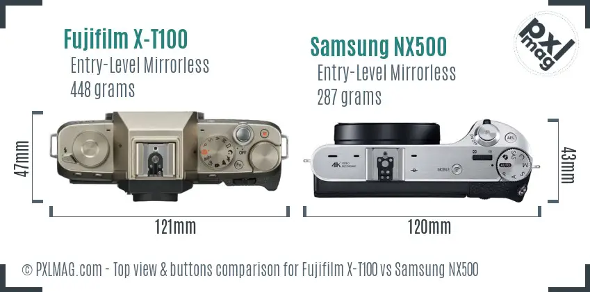 Fujifilm X-T100 vs Samsung NX500 top view buttons comparison