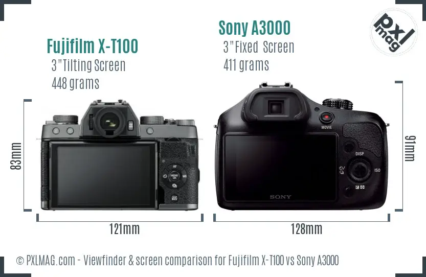 Fujifilm X-T100 vs Sony A3000 Screen and Viewfinder comparison