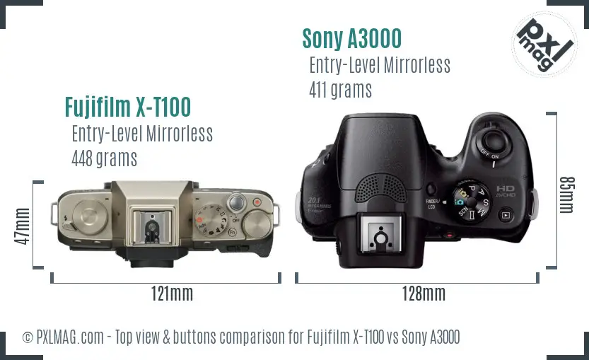Fujifilm X-T100 vs Sony A3000 top view buttons comparison