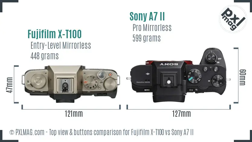 Fujifilm X-T100 vs Sony A7 II top view buttons comparison Fujifilm X-T100 vs Sony A7 II top view buttons comparison
