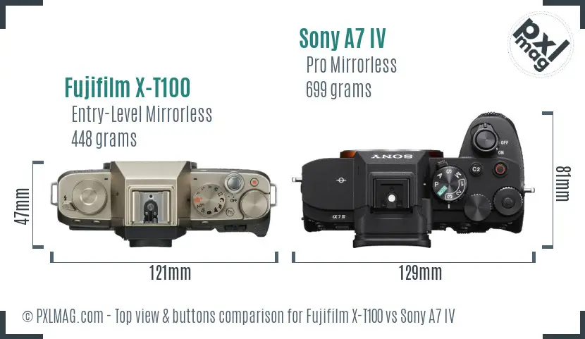 Fujifilm X-T100 vs Sony A7 IV top view buttons comparison