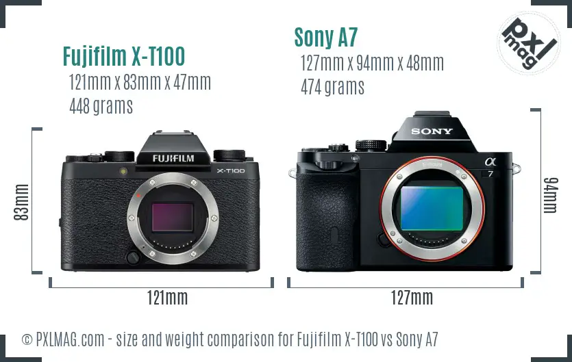Fujifilm X-T100 vs Sony A7 size comparison