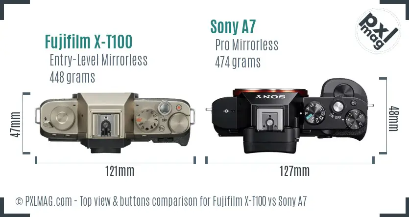 Fujifilm X-T100 vs Sony A7 top view buttons comparison