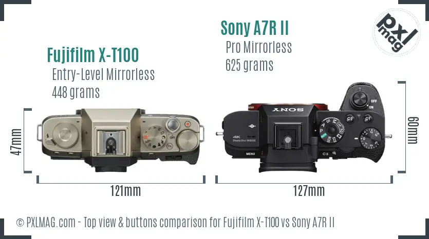 Fujifilm X-T100 vs Sony A7R II top view buttons comparison