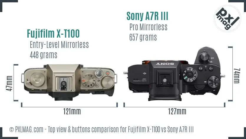 Fujifilm X-T100 vs Sony A7R III top view buttons comparison