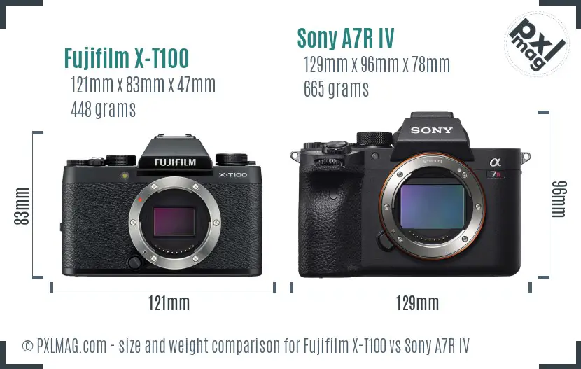 Fujifilm X-T100 vs Sony A7R IV size comparison