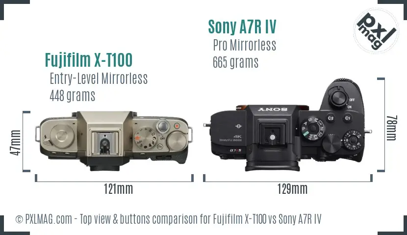 Fujifilm X-T100 vs Sony A7R IV top view buttons comparison