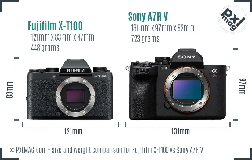 Fujifilm X-T100 vs Sony A7R V size comparison