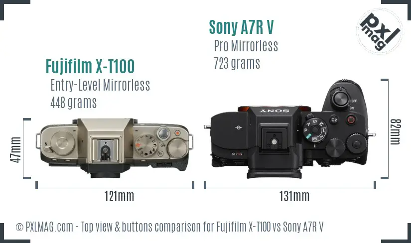 Fujifilm X-T100 vs Sony A7R V top view buttons comparison