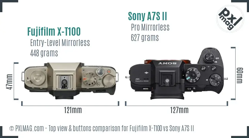 Fujifilm X-T100 vs Sony A7S II top view buttons comparison
