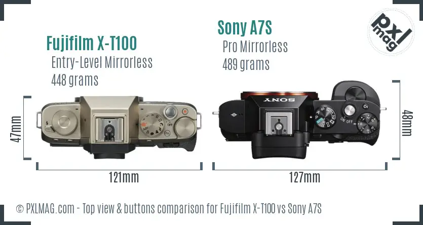 Fujifilm X-T100 vs Sony A7S top view buttons comparison Fujifilm X-T100 vs Sony A7S top view buttons comparison