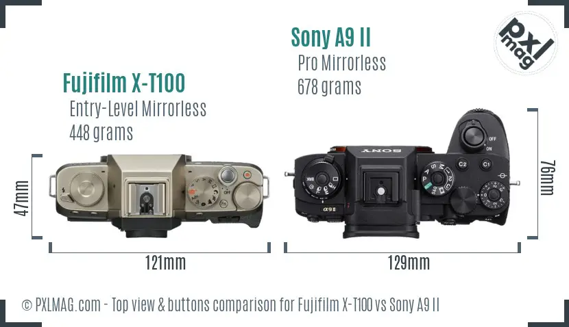 Fujifilm X-T100 vs Sony A9 II top view buttons comparison