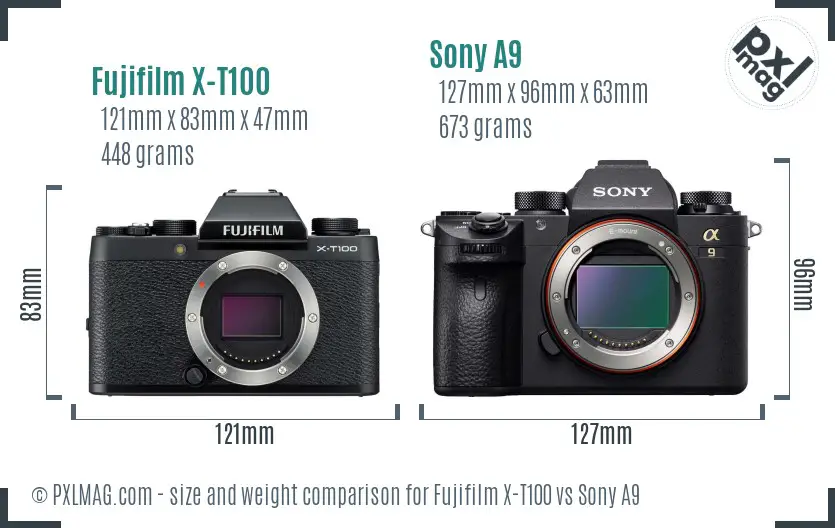 Fujifilm X-T100 vs Sony A9 size comparison