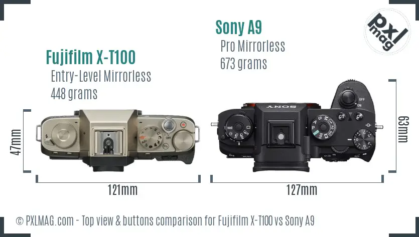 Fujifilm X-T100 vs Sony A9 top view buttons comparison