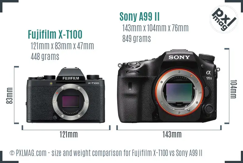 Fujifilm X-T100 vs Sony A99 II size comparison