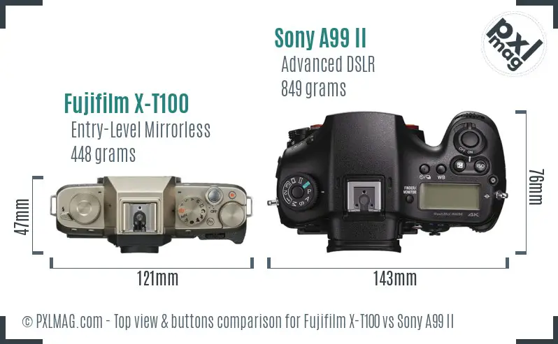 Fujifilm X-T100 vs Sony A99 II top view buttons comparison