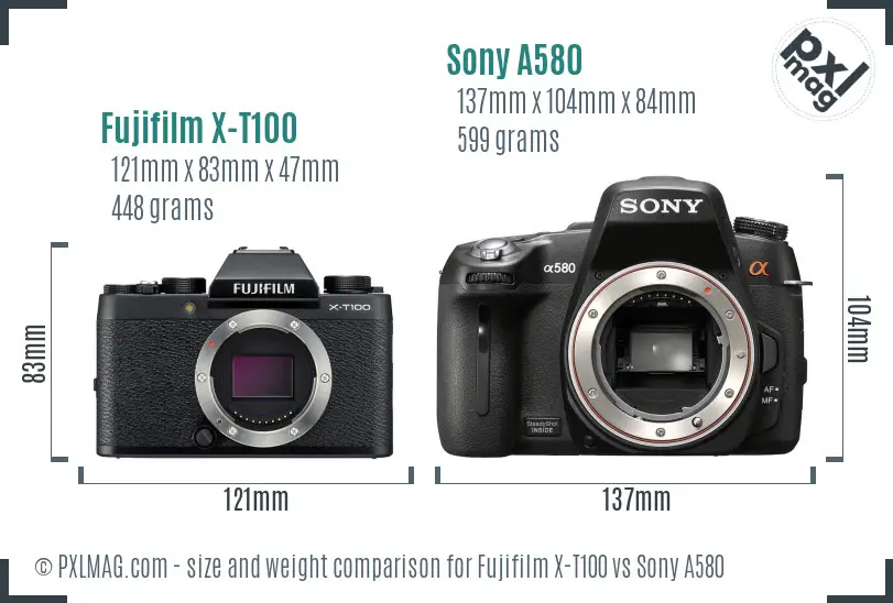 Fujifilm X-T100 vs Sony A580 size comparison