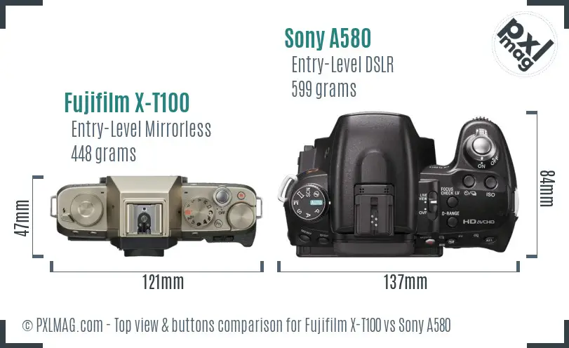 Fujifilm X-T100 vs Sony A580 top view buttons comparison