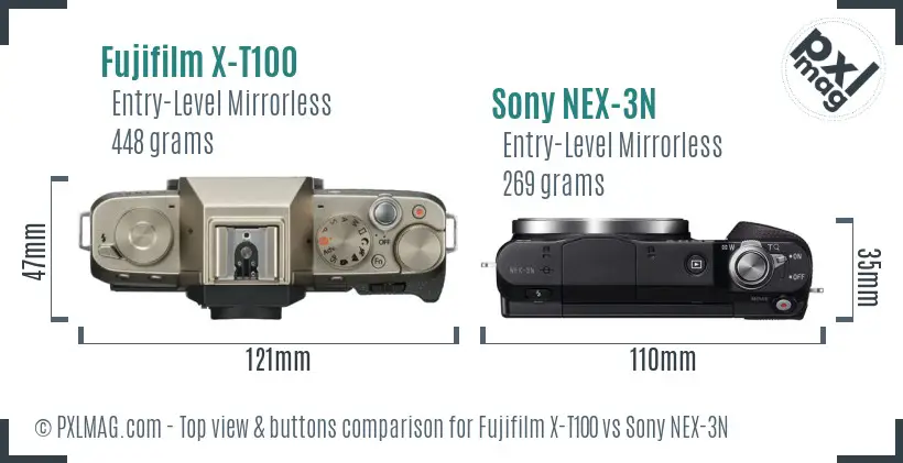 Fujifilm X-T100 vs Sony NEX-3N top view buttons comparison