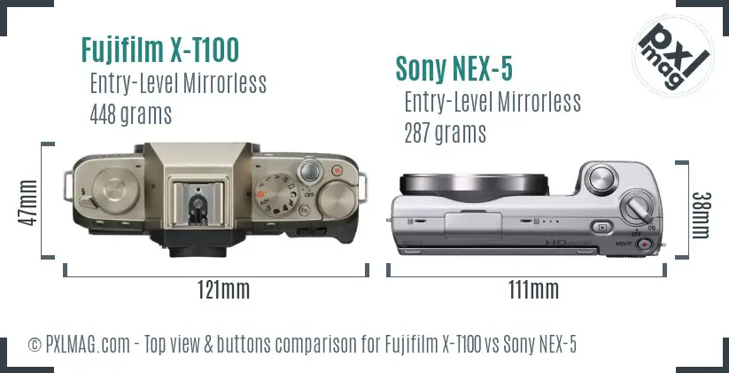 Fujifilm X-T100 vs Sony NEX-5 top view buttons comparison