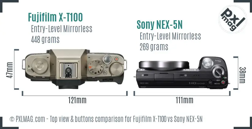 Fujifilm X-T100 vs Sony NEX-5N top view buttons comparison Fujifilm X-T100 vs Sony NEX-5N top view buttons comparison