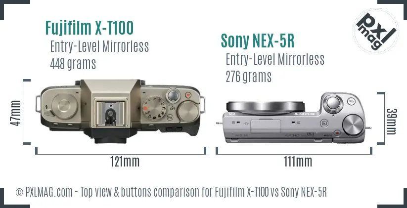 Fujifilm X-T100 vs Sony NEX-5R top view buttons comparison