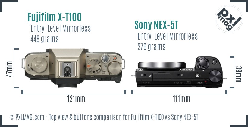 Fujifilm X-T100 vs Sony NEX-5T top view buttons comparison