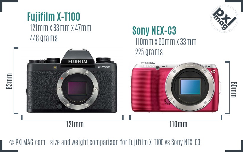 Fujifilm X-T100 vs Sony NEX-C3 size comparison