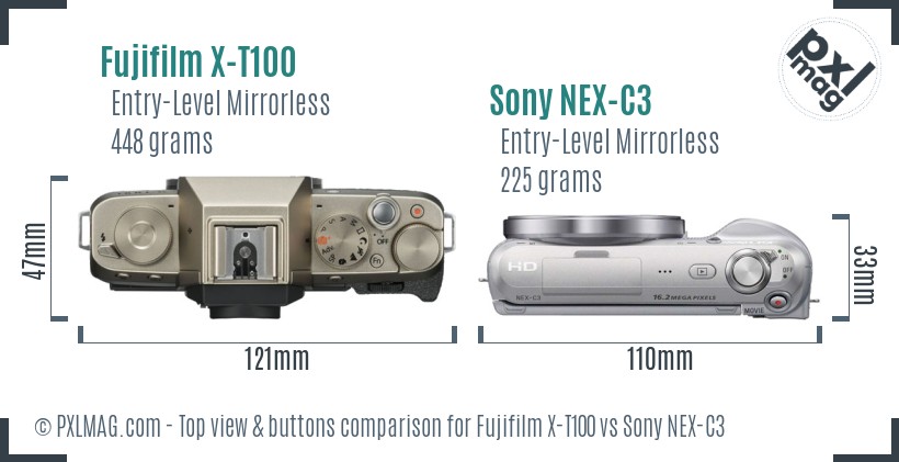 Fujifilm X-T100 vs Sony NEX-C3 top view buttons comparison