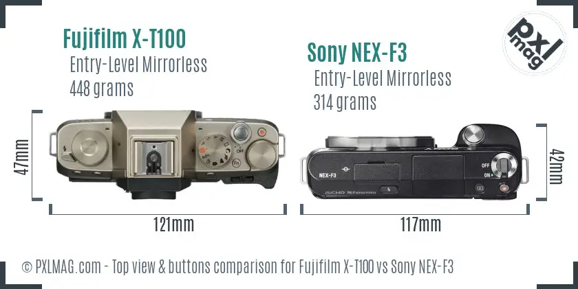 Fujifilm X-T100 vs Sony NEX-F3 top view buttons comparison