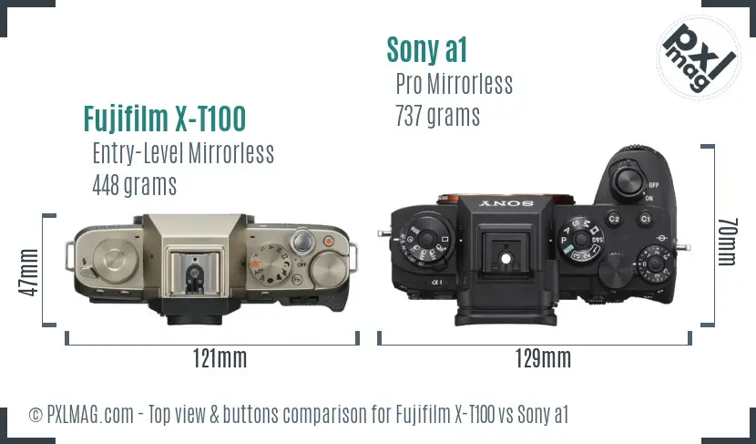 Fujifilm X-T100 vs Sony a1 top view buttons comparison