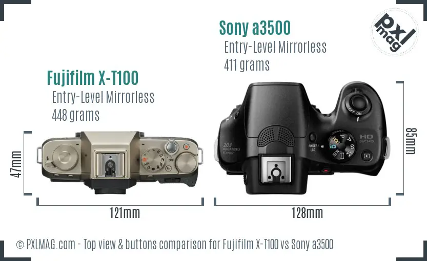 Fujifilm X-T100 vs Sony a3500 top view buttons comparison