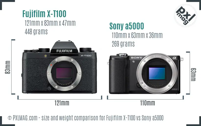 Fujifilm X-T100 vs Sony a5000 size comparison