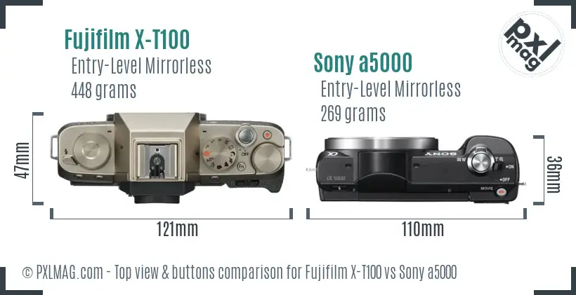 Fujifilm X-T100 vs Sony a5000 top view buttons comparison