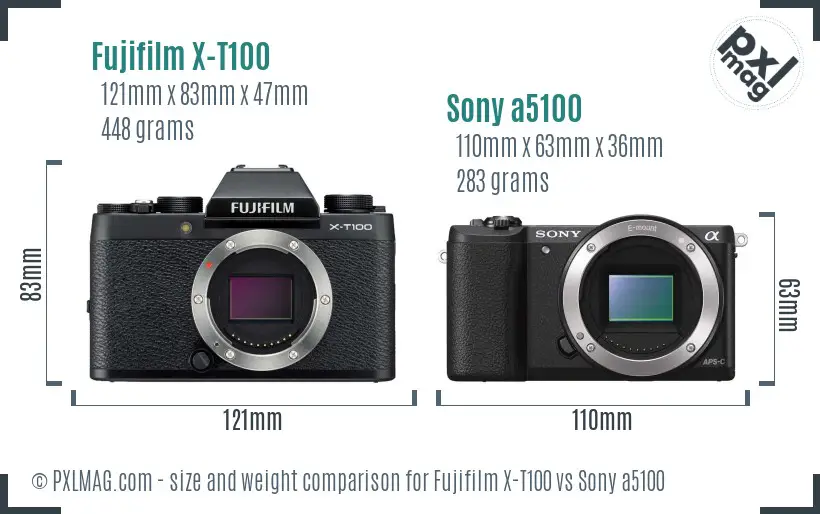Fujifilm X-T100 vs Sony a5100 size comparison