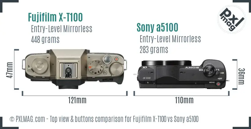 Fujifilm X-T100 vs Sony a5100 top view buttons comparison