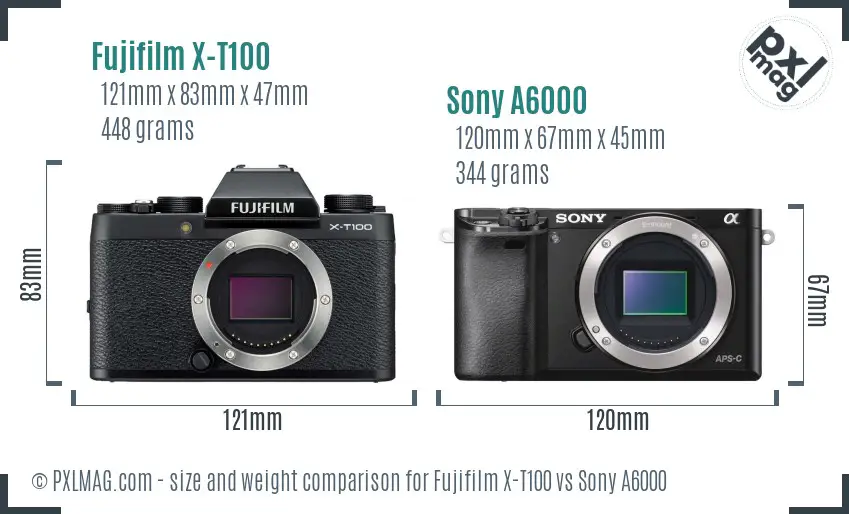 Fujifilm X-T100 vs Sony A6000 size comparison