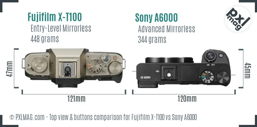 Fujifilm X-T100 vs Sony A6000 top view buttons comparison