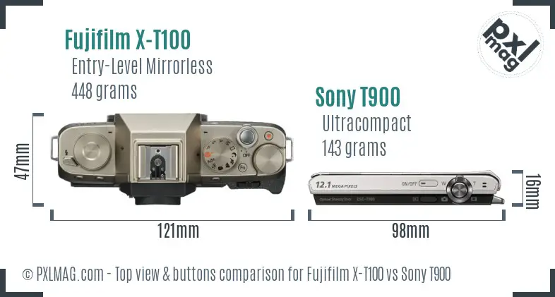 Fujifilm X-T100 vs Sony T900 top view buttons comparison Fujifilm X-T100 vs Sony T900 top view buttons comparison