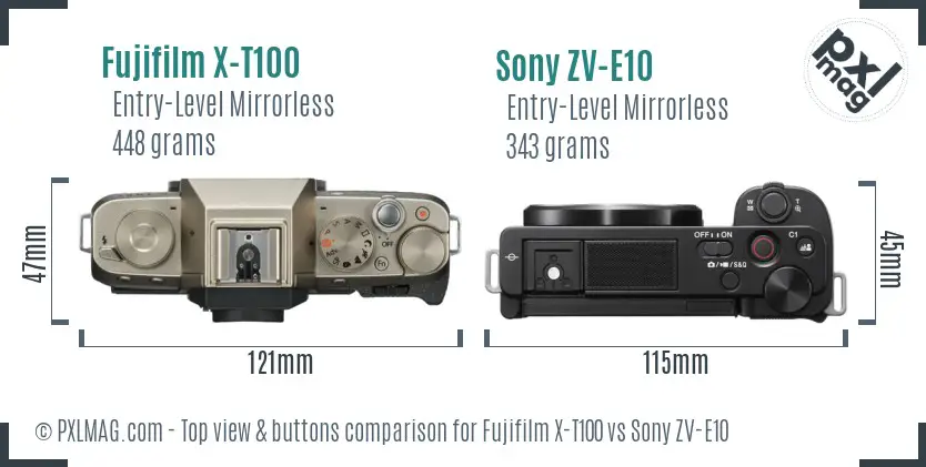 Fujifilm X-T100 vs Sony ZV-E10 top view buttons comparison